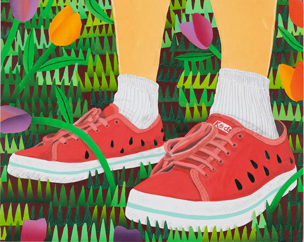 Karen Lederer painting of watermelon designed Keds on grass field with tulips