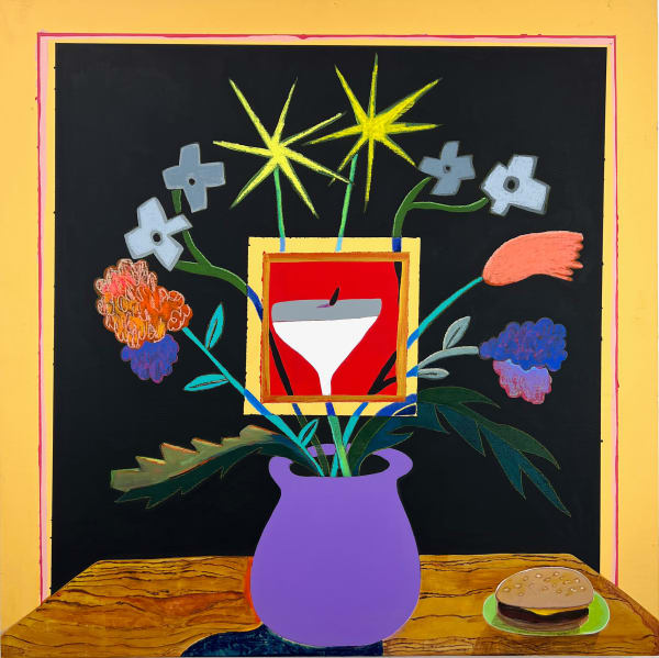 Luke Forsyth - still life painting of a purple vase and abstracted flowers with a burger next to the vase