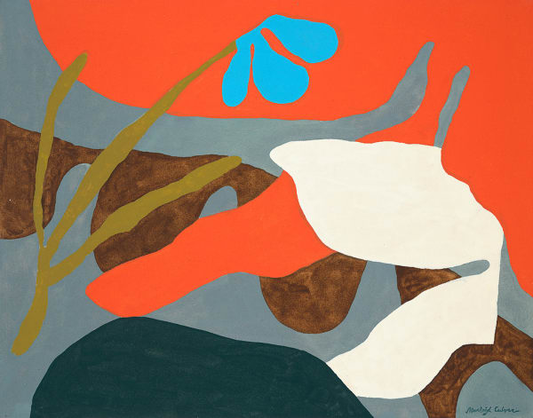 Marleigh Culver painting of blue floral on red background