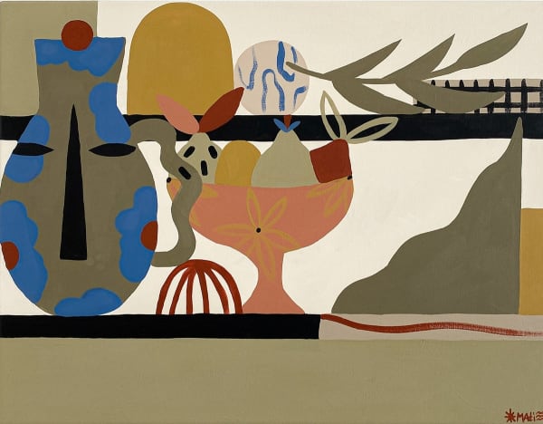 flat still life of a fruit bowl and a vase in a muted color palette