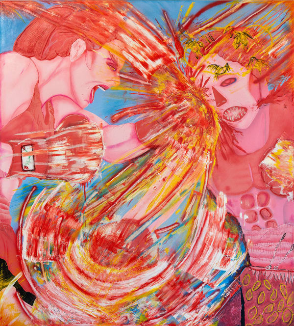 painting of two red figures fighting with energetic lines swirling around them