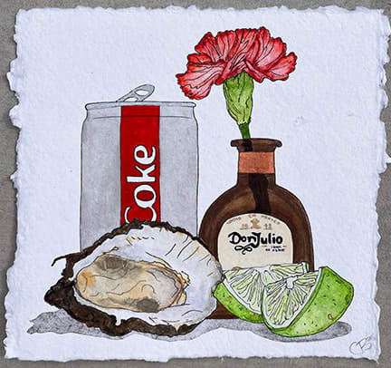 drawing of coke can, oyster, limes, and bottle with flower