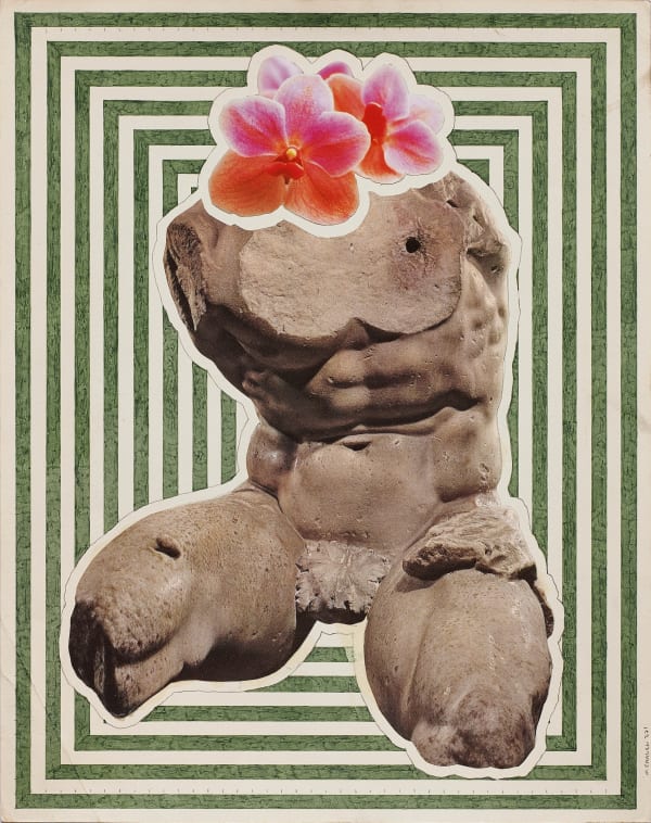 Matthew Craven's collage style piece of a ancient figure with flowers for the background