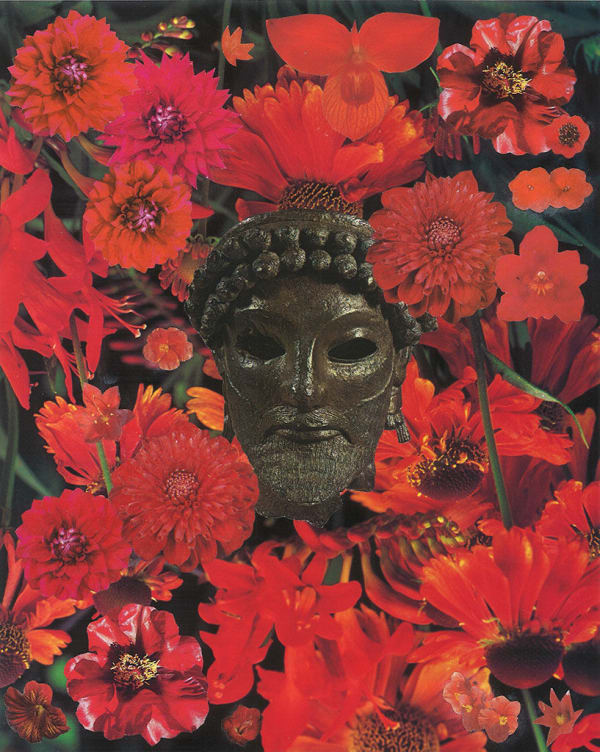brown statue head surrounded by various red flowers