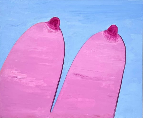 Corey K. Lamb - painting of breast from top view. The breast painted in pink on a blue background.