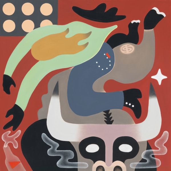 Austin Elfio Montanari - Painting of cowboy on a bull with red background