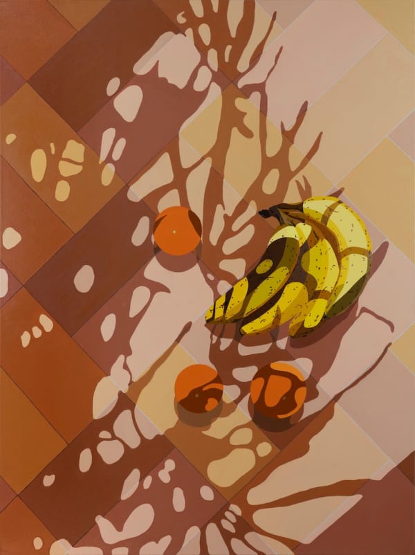 Natalia Juncadella painting of floor with shadows cast over it, and bananas / oranges