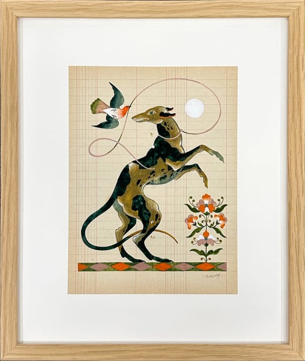 framed watercolor and gouache painting by artist Lou Benesch depicting a narrow, elongated brown and black spotted dog, a red white and black sparrow, and a red flower on antique paper