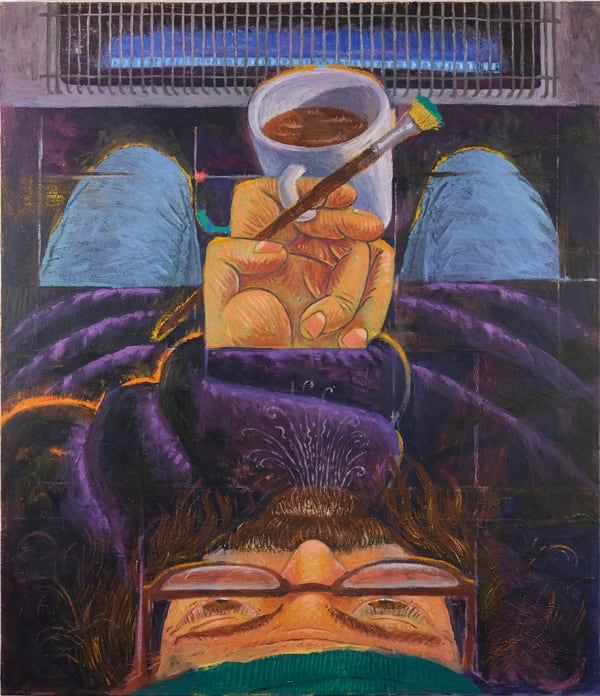 above view self portrait painting of artist Paul Gagner holding a cup of coffee and a paintbrush