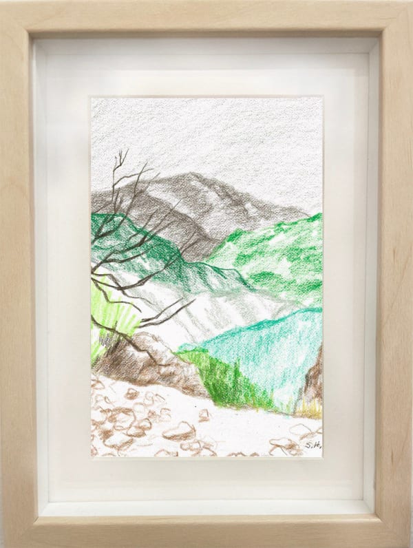 framed drawing - sketch of a mountain scene with tree branches peaking out of the left side