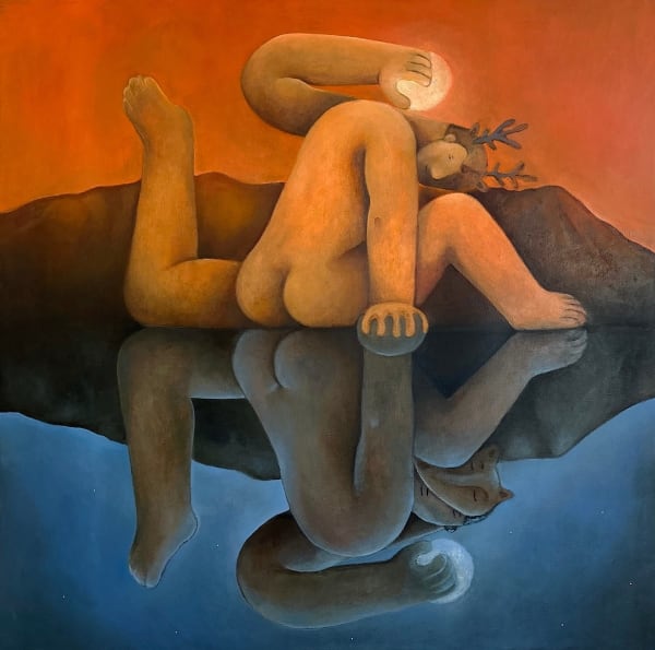 Carlos Rodriguez - painting of a nude man sitting with his leg splits, a hand behand his body and the other lifted covering the sun. He has his back facing the front on a mirror surface with clear reflections. He is wearing dear horn with orange background and in the reflection wearing a fox mask with blue background..