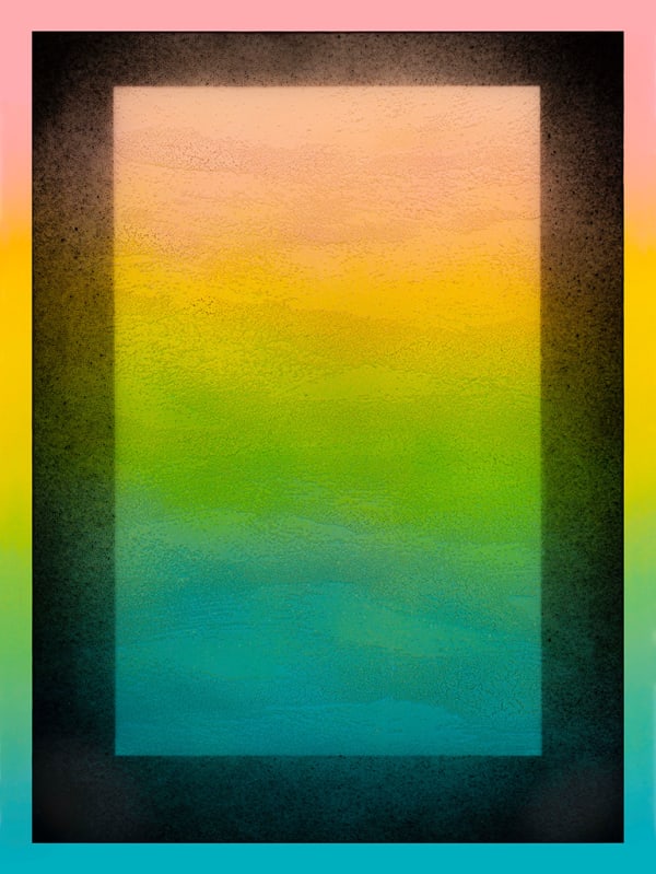 Rachel Strum - paint and resin piece, gradient square in pink, orange, yellow, green, blue and black with a gradient frame.
