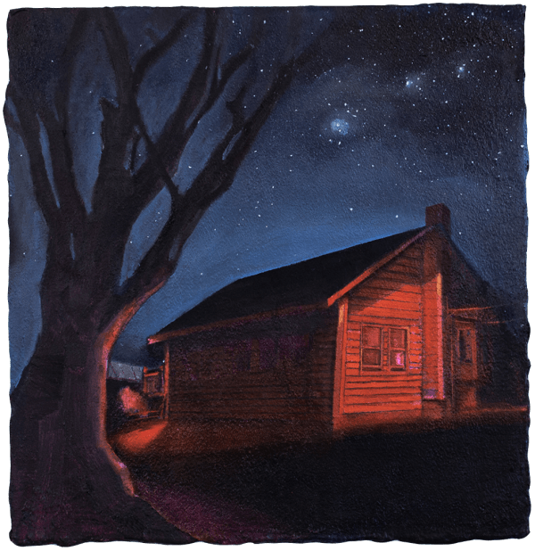 Painting of a house under a starry sky with a tree to the left
