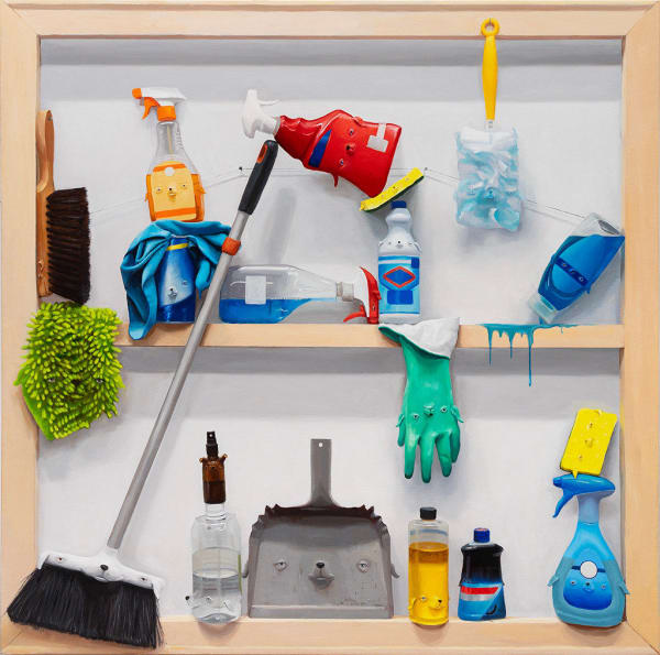 painting of various cleaning supplies and tools with dog faces
