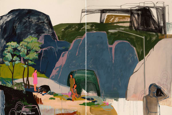 group of woman standing in front of caves and a roughly sketched out foreground