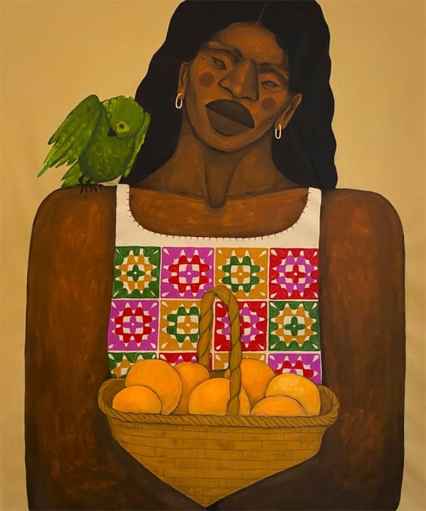 Painting of a woman holding a basket of oranges and a green parrot on her shoulder.