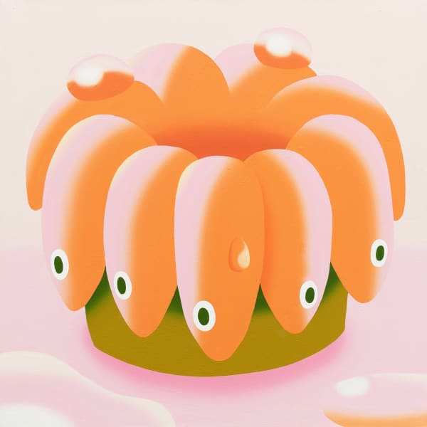 Cha Yuree - pink and green toned painting of fish in a circle