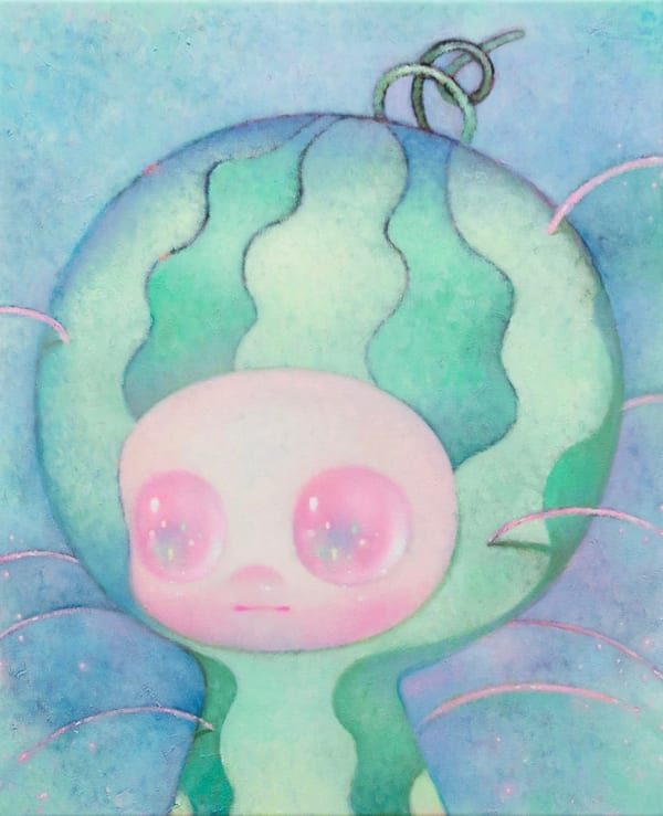 Painting of a figure in a watermelon shaped suit on a blue and green background