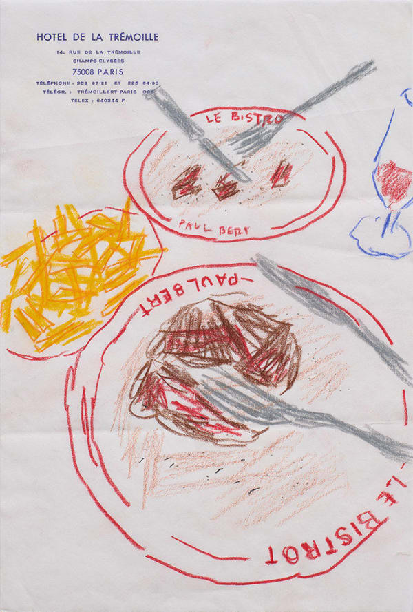 Drawing of three plates with steak, fries and utensils on them on hotel stationery