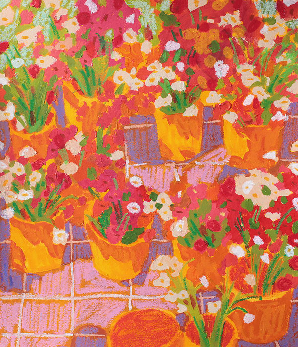 painting of multiple orange flower pots containing white, pink, and red flowers by Nicholas Bono Kennedy
