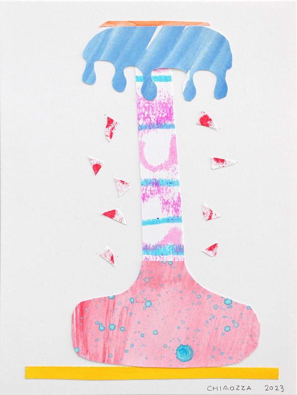 CHIAOZZA - paper collage of blue water drips coming from a pink and blue stripes vase on a yellow platform, white and red triangles spread under the drips