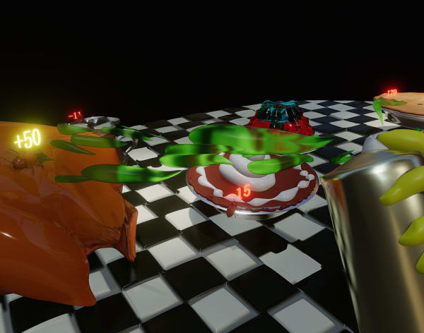 Print of an animated black and white checkered table with food on it