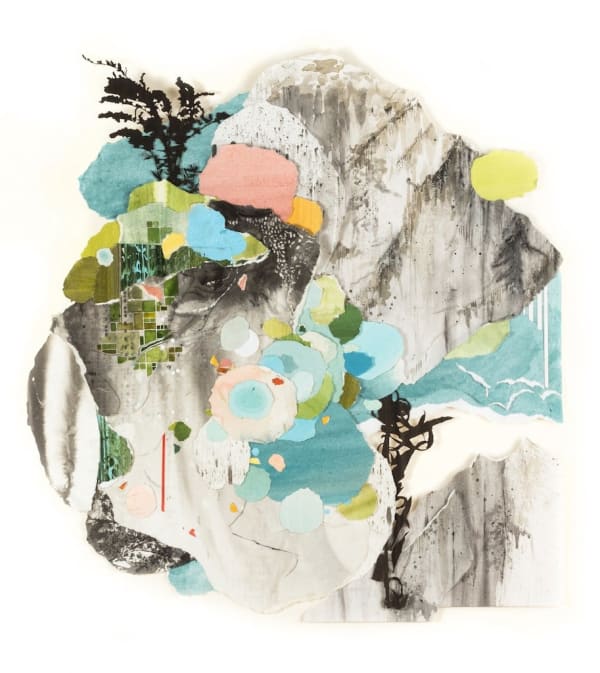 Gregory Euclide mixed media landscape with torn paper and acrylic