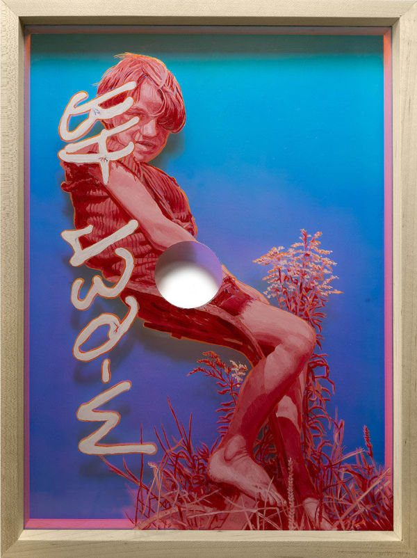 pink painting of a seated boy in pink over a blue background