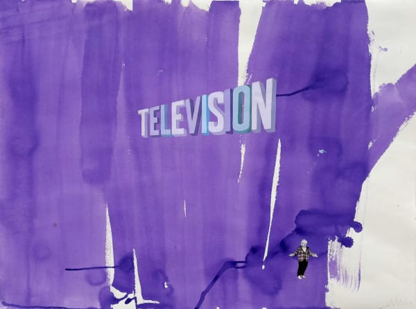 Painting with large purple vertical paint strokes in the background covering the paper with the word "TELEVISION" in bold horizontally in the center and small man in the far right corner wearing a bowler hat, plaid jacket and black pants