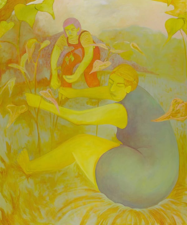 painting by artist geneveive cohn depicting two women sitting in a grassy field, picking tall plants