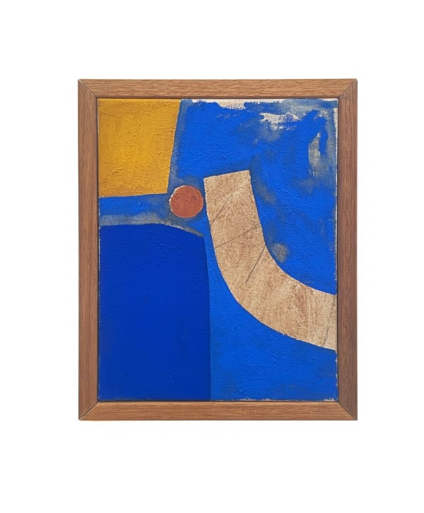 Abstract painting of blue and yellow shapes by Ellen Rutt