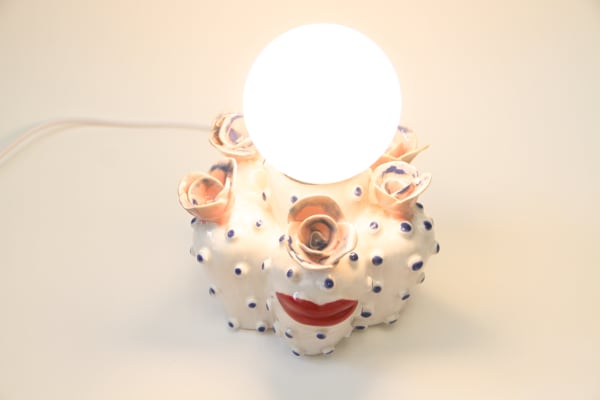 Jen Dywer ceramic lamp of abstract plant with pink flowers and big red pair of lips
