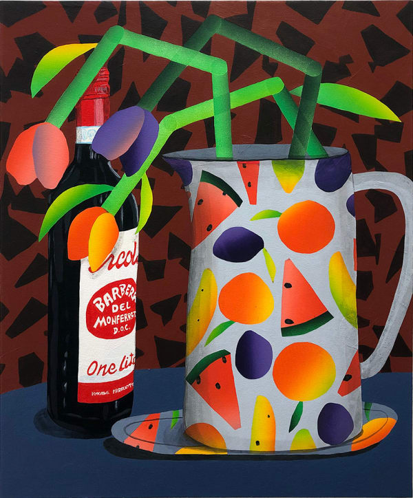 Karen Lederer painting of fruit vase with tulips and bottle of Aperitivo