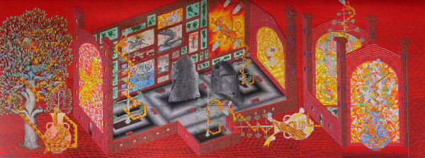 Andrew Schoultz - cutaway painting of interior space cathedral with plants and helmets