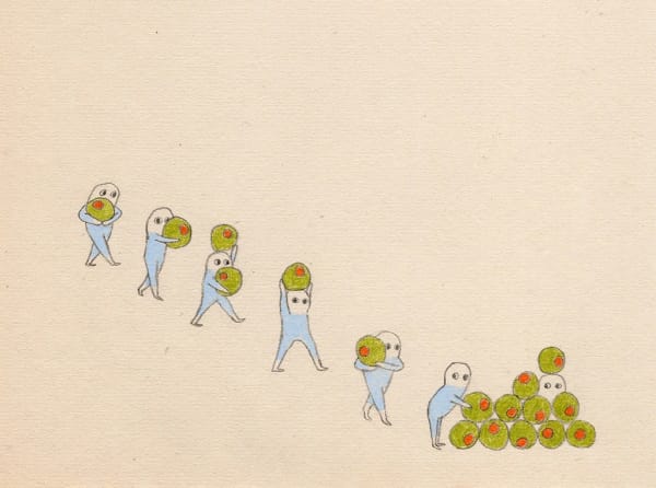 Drawing of small figures walking in a line holding green olives in their hands and placing them in a pile