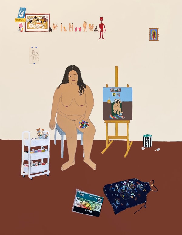 painting of a large nude woman in a beige room, seated in front of an easel with a painting in progress. The room is relatively bare besides a shelf with many erotic objects and tchotchkes, and miscellaneous art supplies by Gina M. Contreras