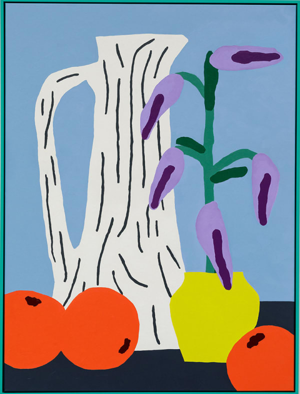 Painting of a white jug with a handle and black lines. There is a yellow vase with purple flowers in it and three oranges in on the black table and a light blue background.