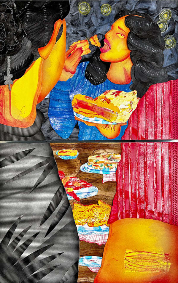 Mixed media painting of a woman sitting at a table holding a plate of food across from two men
