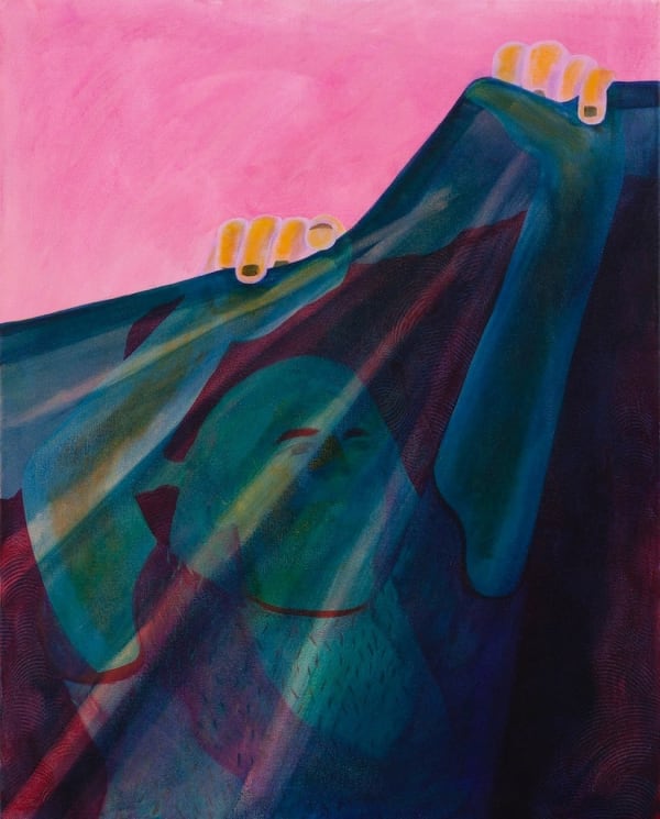 Genevieve Cohn painting of woman in bold colors peering through transparent curtain