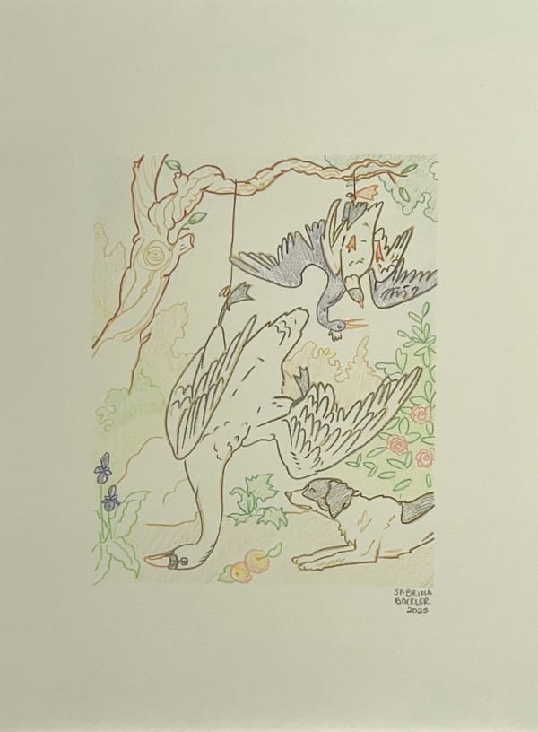 drawing of two birds in a tap with a dog sitting below them