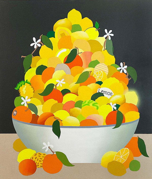 Painting of a white bowl of citrus fruit stacked high on a khaki surface and a black background by Stephen D'Onofrio