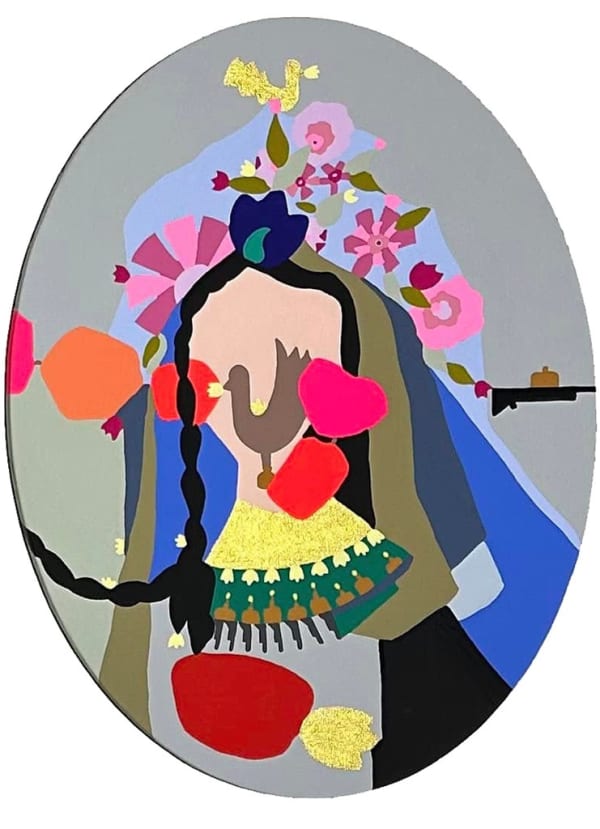 Colorful abstract painting of woman's head and flowers made from geometric shapes