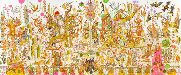 painting by Mu Pan of creatures, animals and human hybrids eating, sleeping, killing, flying and climbing