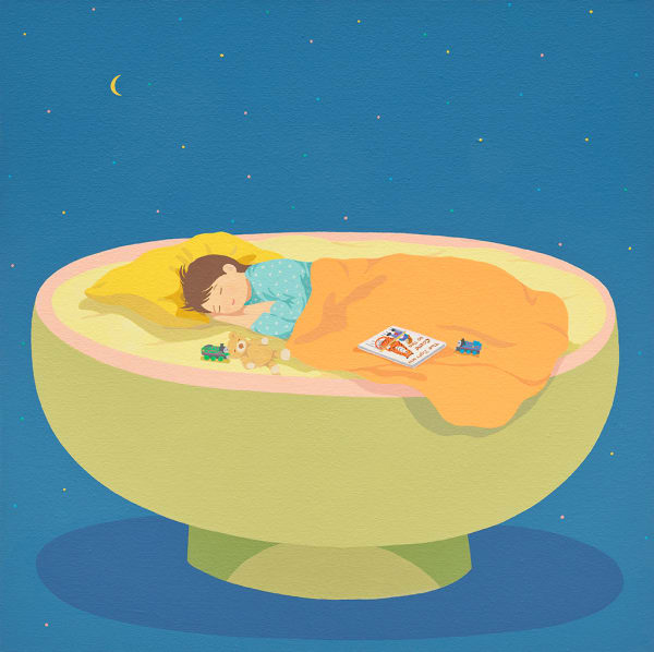 child sleepping on a bowl like shape with a blue sky and moon and the book the tiger came to tea