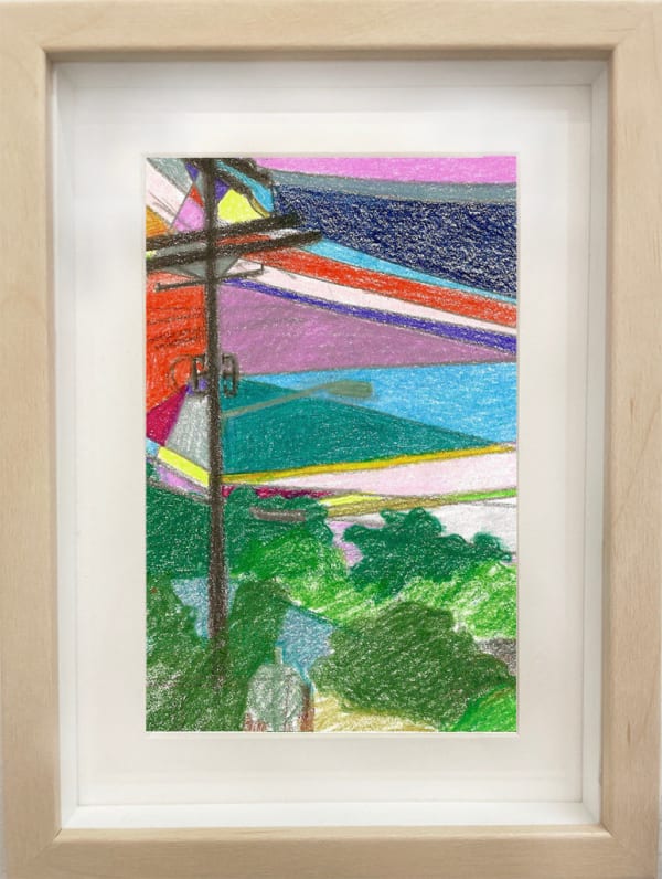 framed drawing - sketch of telephone lines and colorful patches in the sky