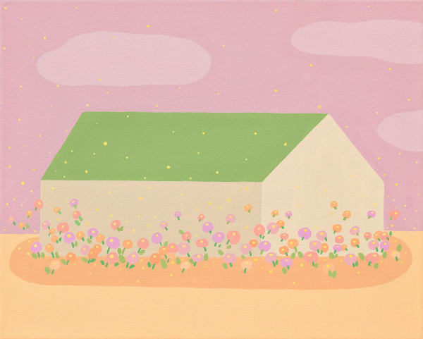 Danym Kwon - painting of a beige house with green roof surrounded by orange and purple flowers. The sky is painted pastel crimson red.