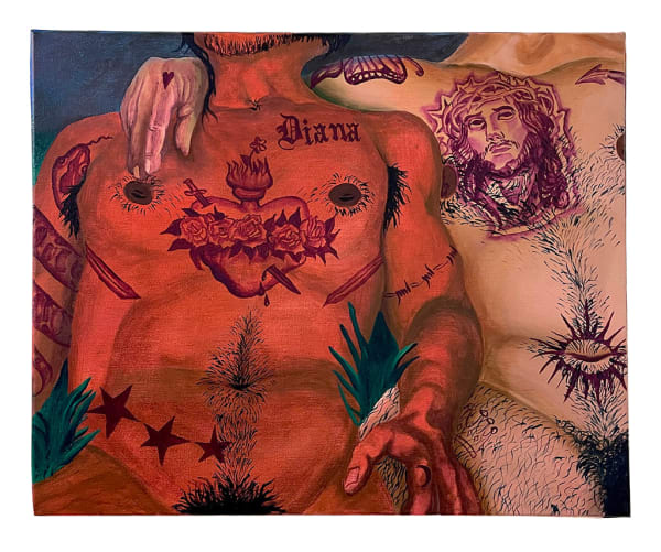 Painting of two naked people sitting next to each other, one has their arm around the others shoulder. They both have several tattoos on their chest, bodies and arms.