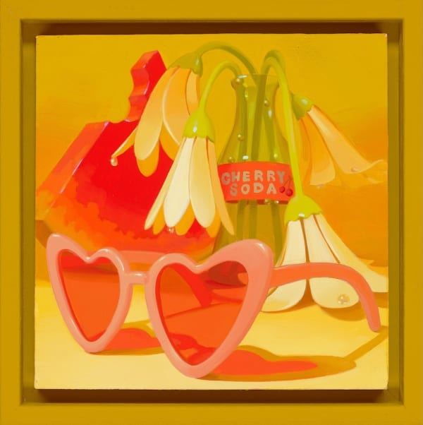 painting by Megan Ellen MacDonald depicting pink heart shaped glasses, flowers, and a watermelon
