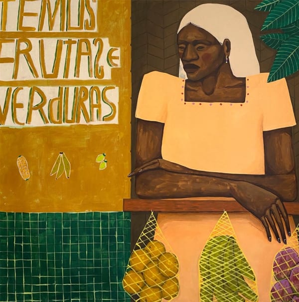 Painting of a woman selling fruit at a fruit stand.