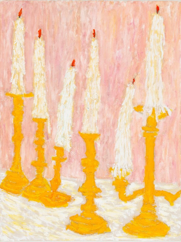 painting by Michael McGregor of white candles in gold candle holders with pink background
